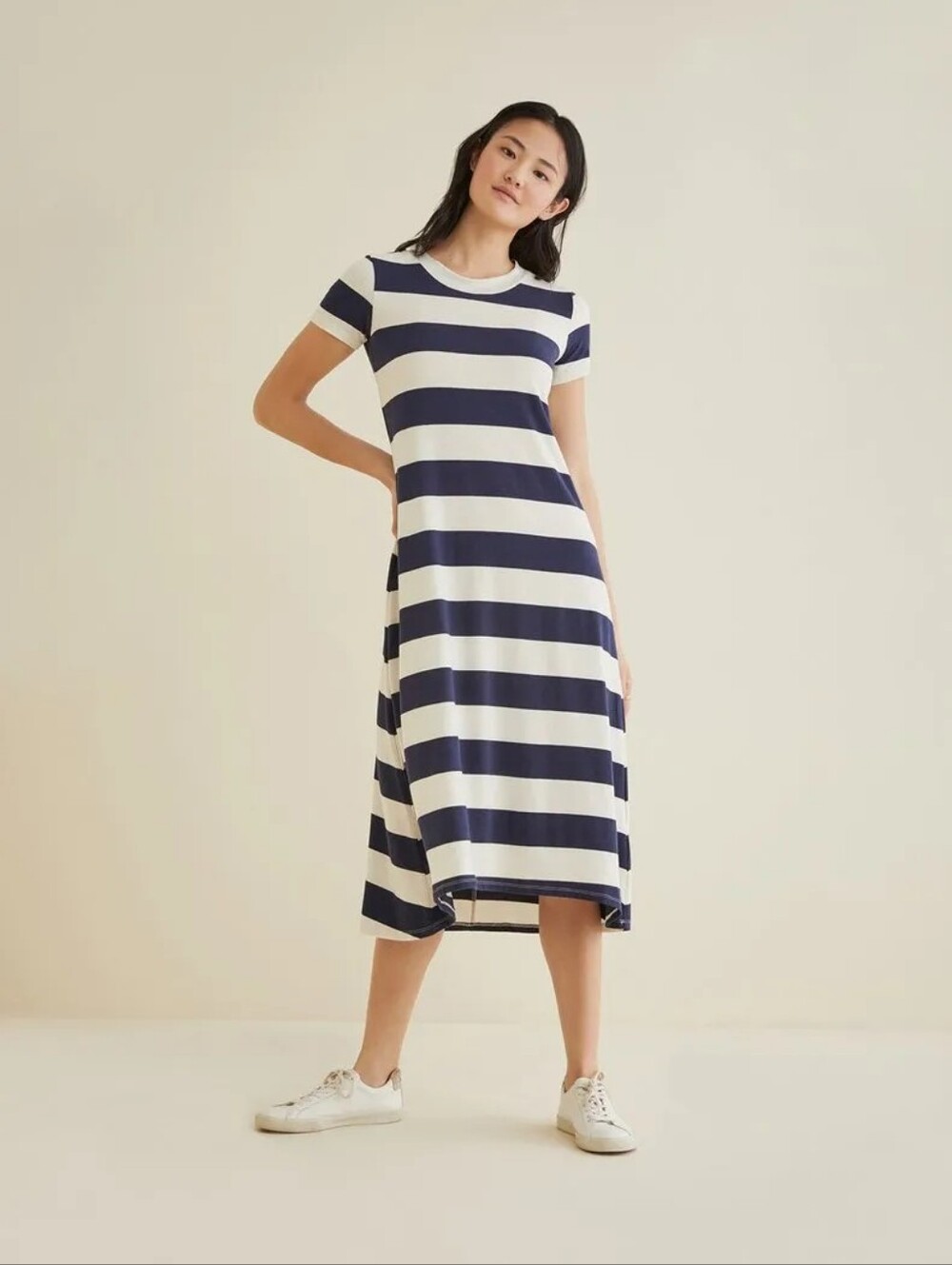 Amour Vert Navy & White Striped Short-Sleeve Midi Dress